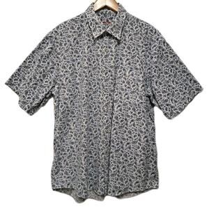 Alan Flusser Button Down Shirt Mens XL White Paisley Cotton Short Sleeve Coastal